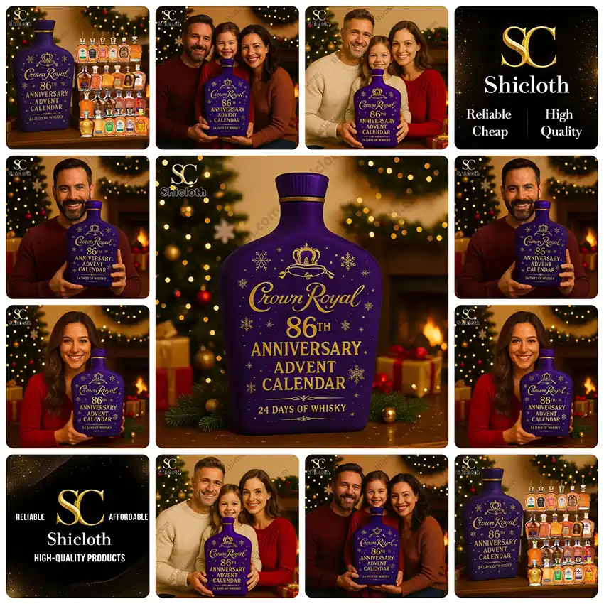 Crown Royal 86th Anniversary advent calendar with whisky bottles and family holiday scenes.