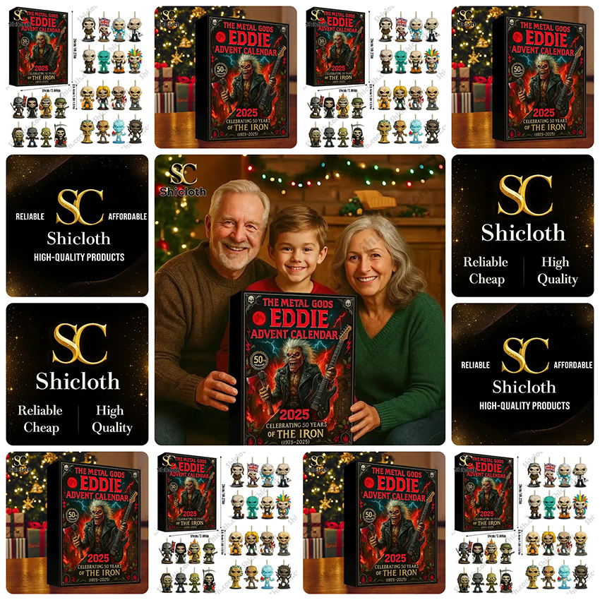 Collage of Eddie advent calendar box, collectible figures, family photo, and shop logos.