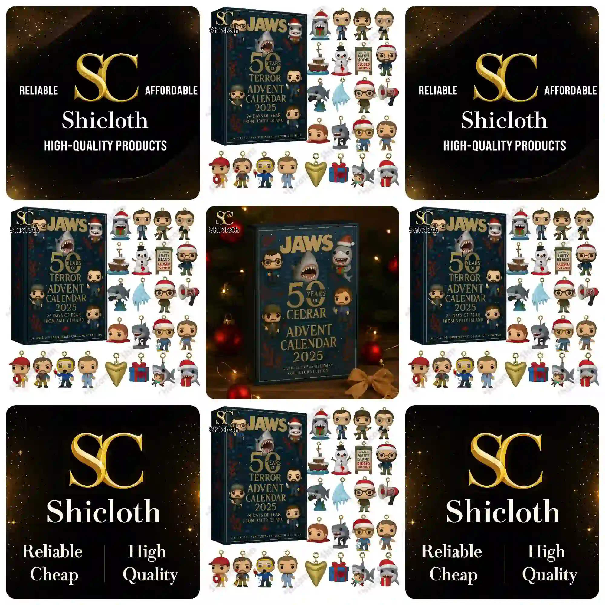 Promotional collage of Jaws advent calendar images and HopeShiclothUS branding!