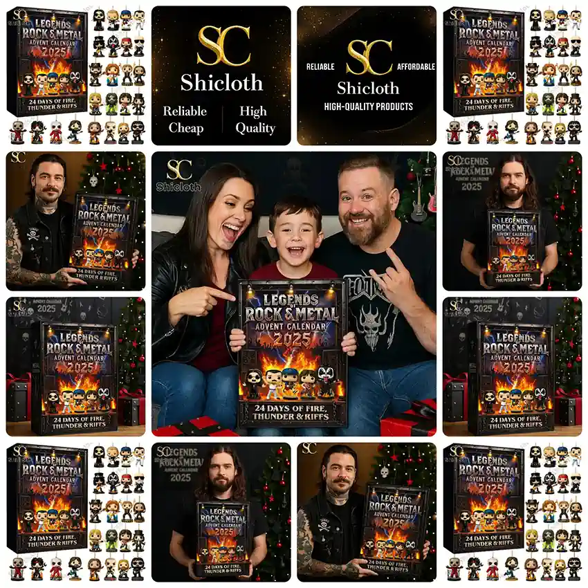 Promotional collage of the Legends of Rock and Metal advent calendar box, figure layouts, family photos, and Shicloth branding.