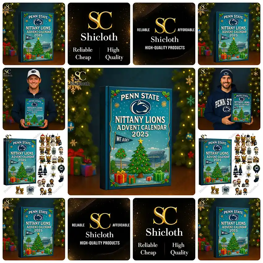 Promotional collage of the Nittany Lions advent calendar showing box art lifestyle shots and HopeShiclothUS branding.