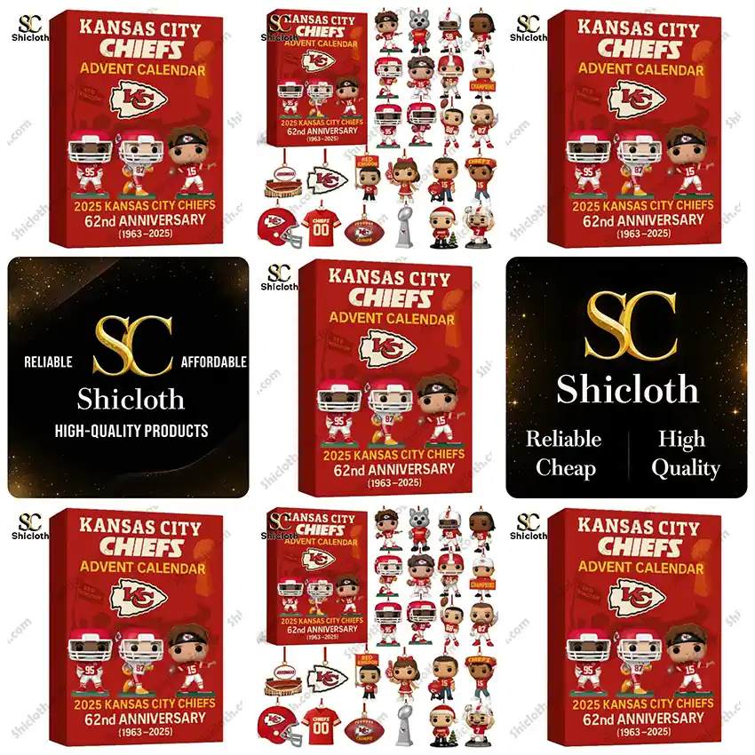 Promotional collage of the Kansas City Chiefs advent calendar showing box art ornament layouts and Shicloth branding.