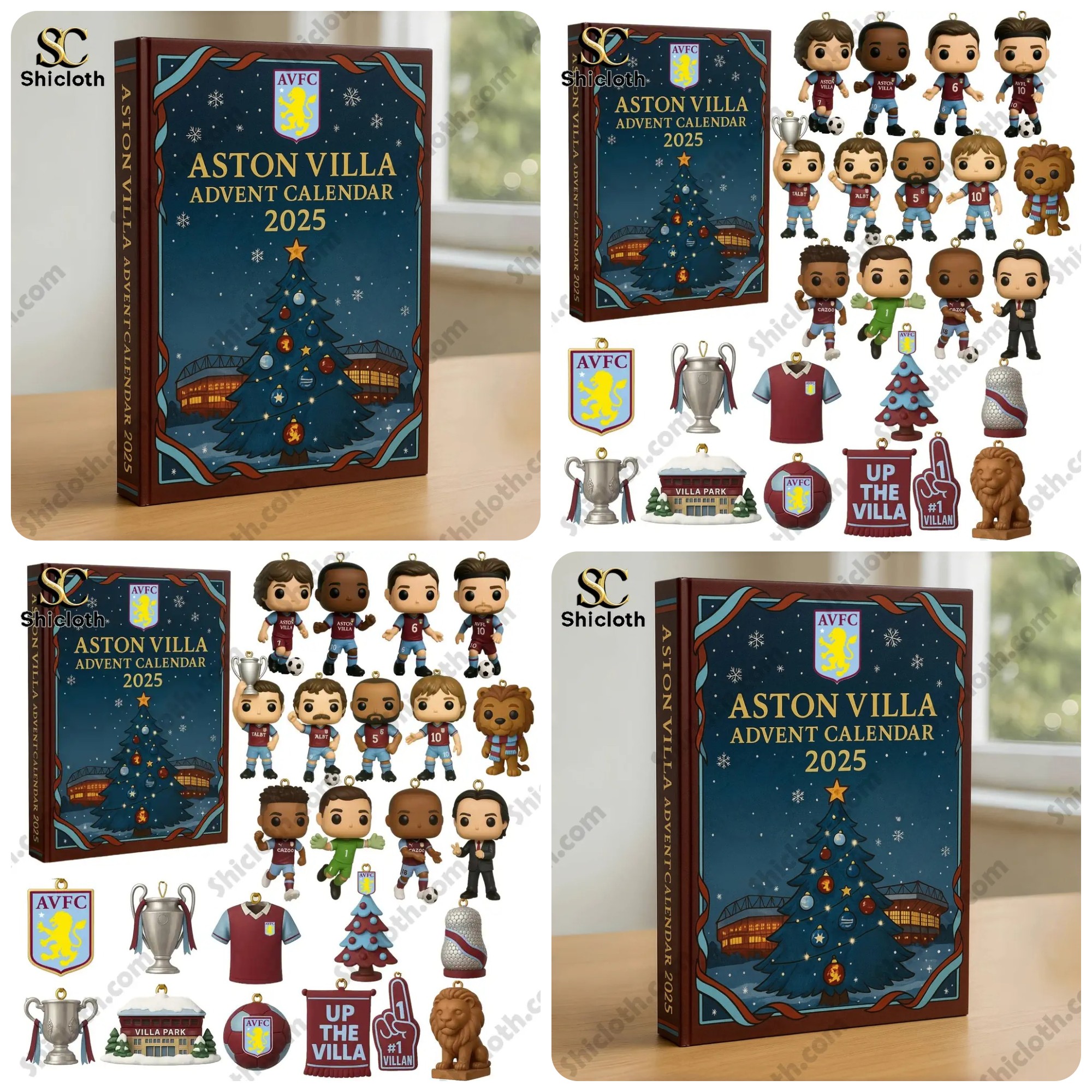 Aston Villa Advent Calendar 2025 collage showing the box the Christmas tree and collectible figures!