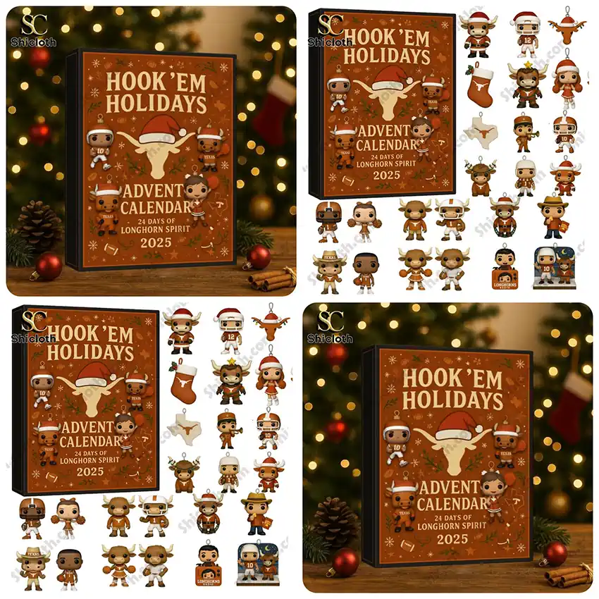 Collage of Hook Em Holidays Advent Calendar 2025 with collectible figures and holiday display.