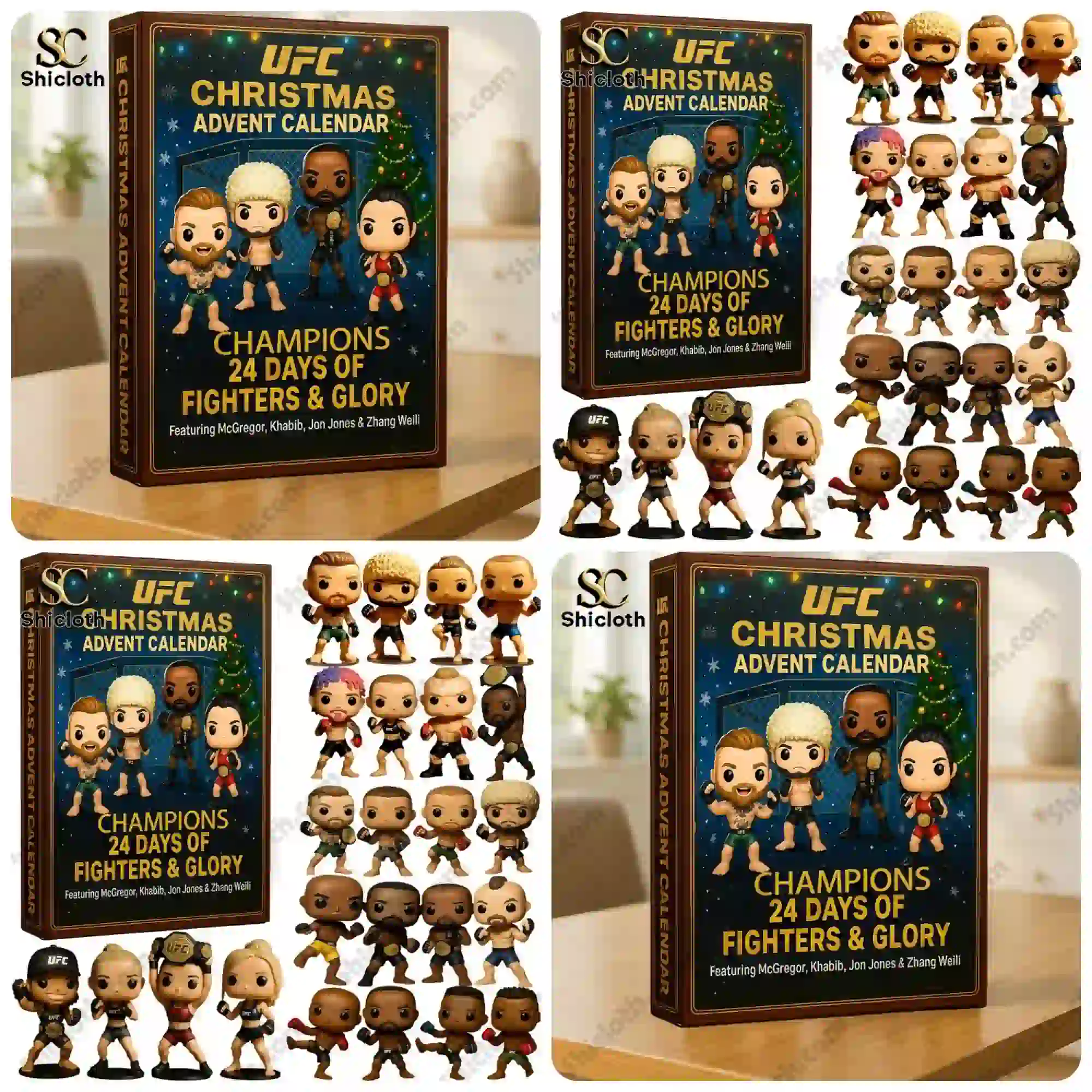 UFC Christmas advent calendar box with collectible fighter figures displayed.