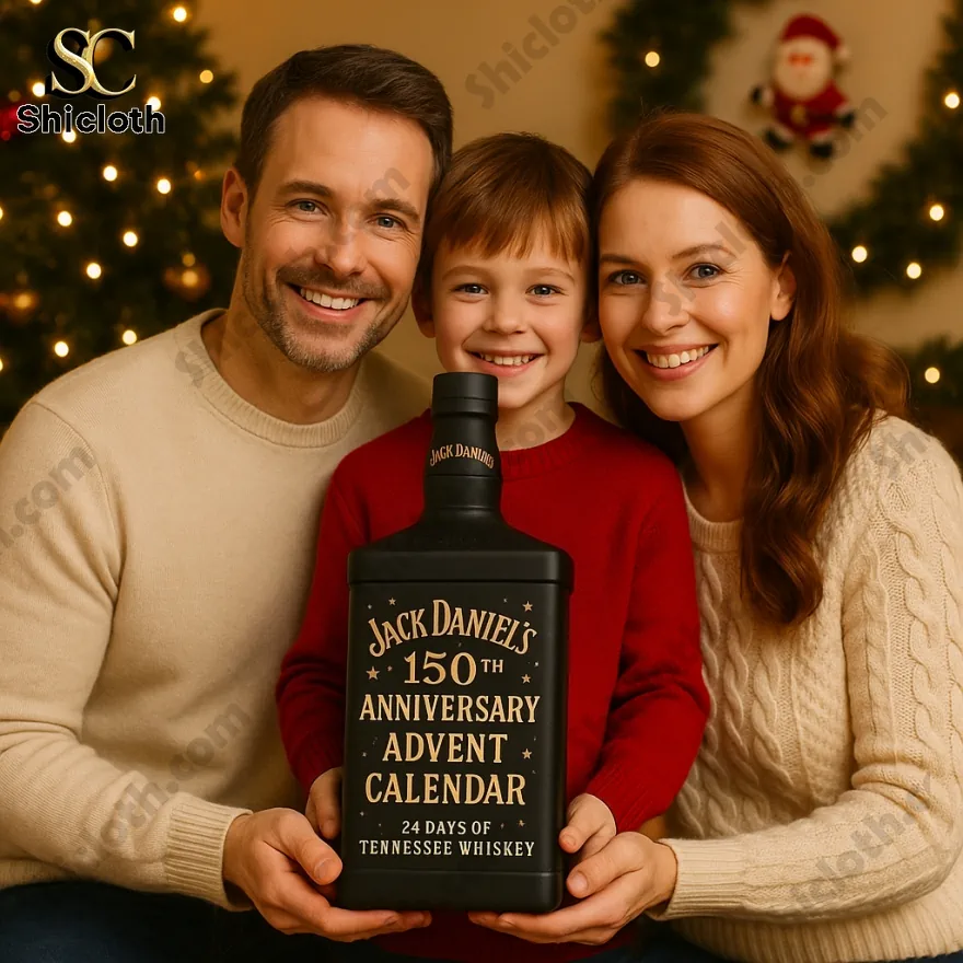 A family of three smiling, holding a Jack Daniel's 150th Anniversary Advent Calendar featuring whiskey bottles.