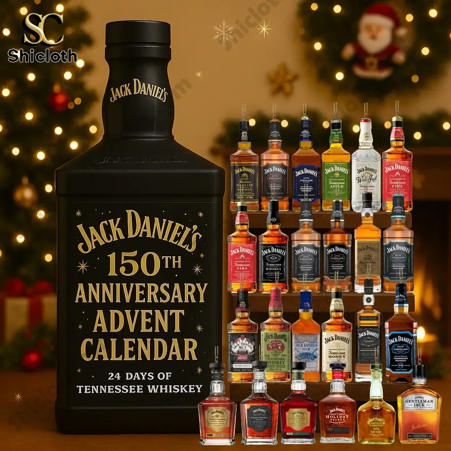 A variety of Jack Daniel's whiskey bottles and the 150th Anniversary Advent Calendar on display.
