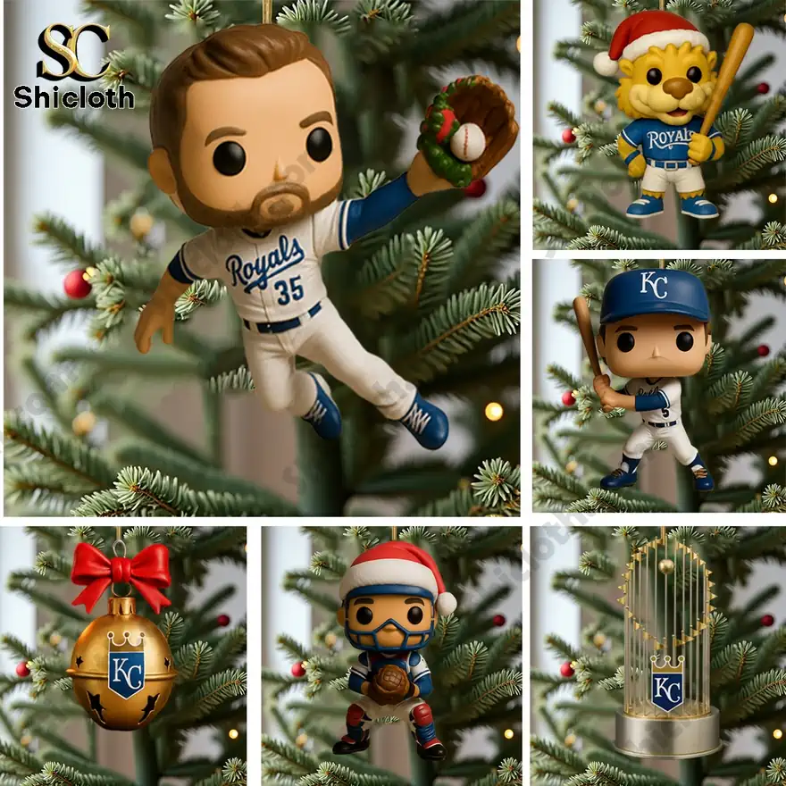 Kansas City Royals ornaments hanging on a decorated Christmas tree.