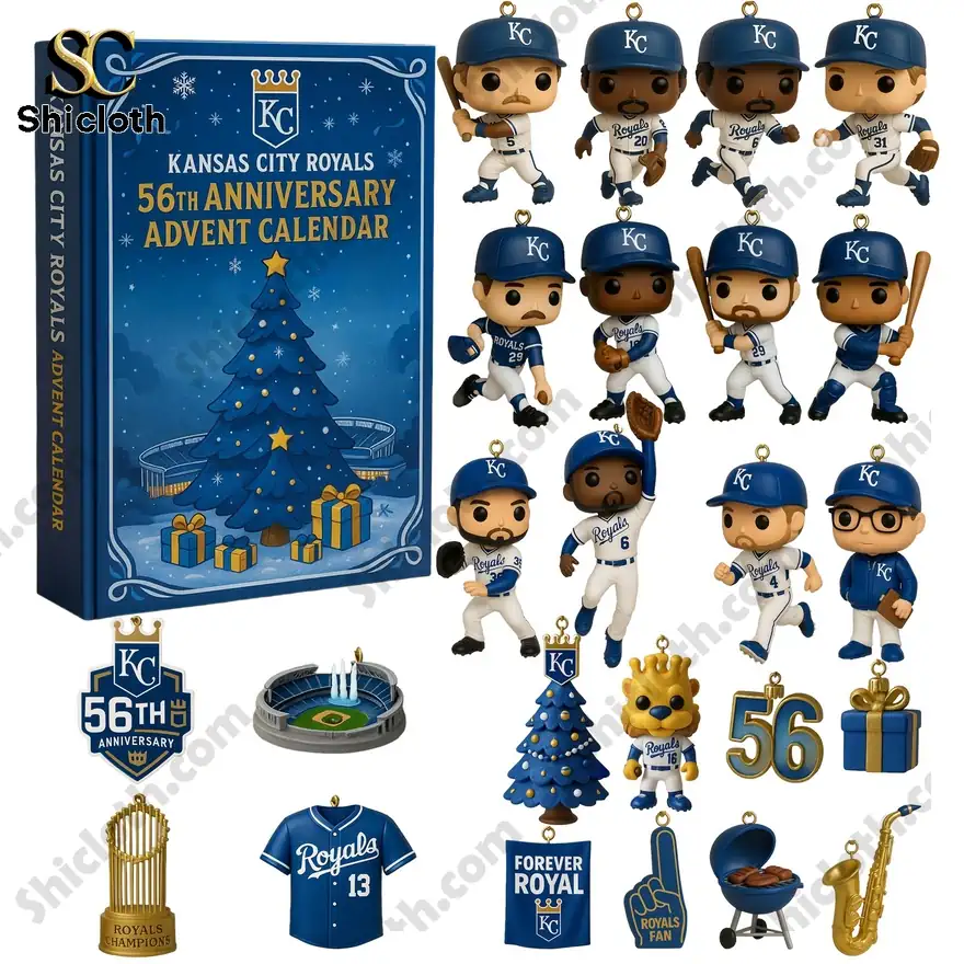 Kansas City Royals 56th anniversary advent calendar with mini figures and baseball themed ornaments.
