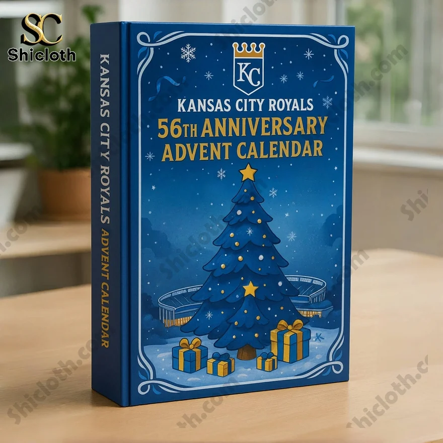 Kansas City Royals 56th anniversary advent calendar box with Christmas tree and stadium design.