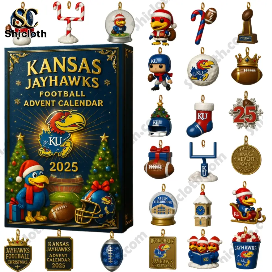 Kansas Jayhawks Football Advent Calendar 2025 with team-themed ornaments and collectible figures.