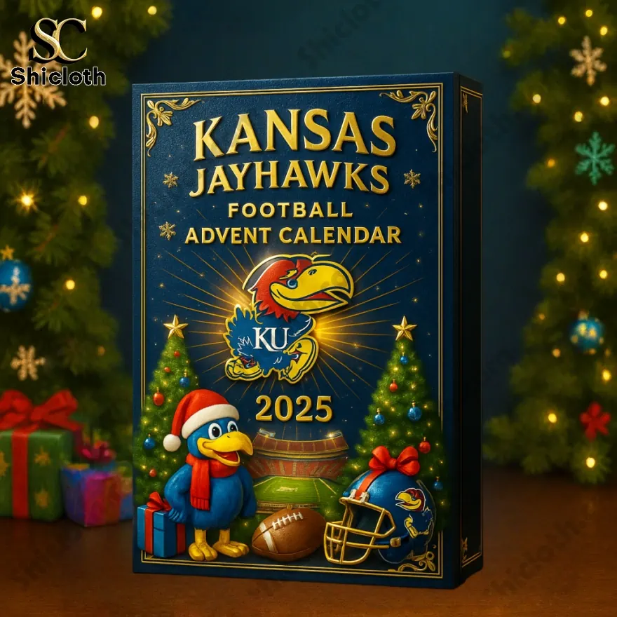 Close-up of Kansas Jayhawks Football Advent Calendar box with holiday decorations and team logo.