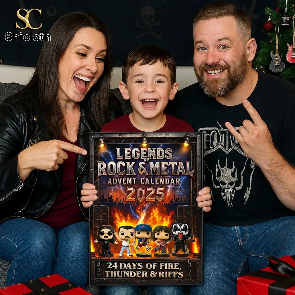 Legends of Rock & Metal Advent Calendar 2025 3 Family holding a Legends of Rock and Metal Advent Calendar 2025 with fiery design and rock figures.