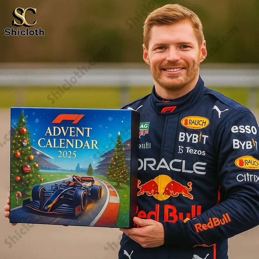 F1 driver holding the 2025 F1 Advent Calendar with Christmas trees and a race car on the box.