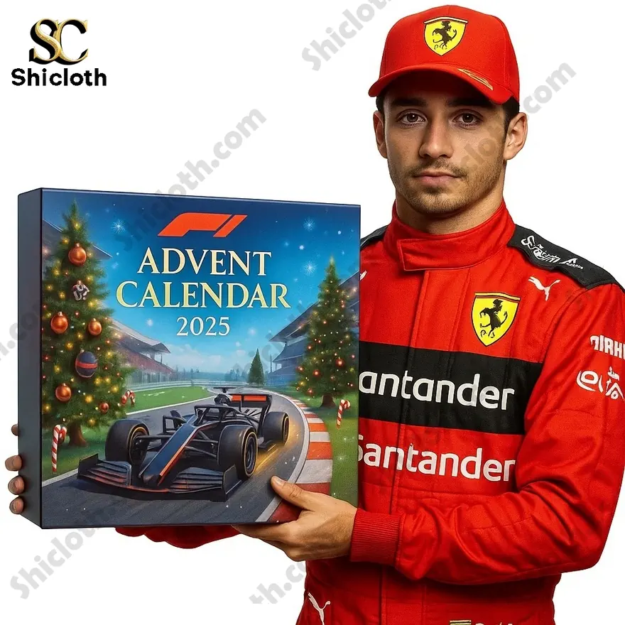 F1 driver in Ferrari outfit holding the 2025 F1 Advent Calendar with holiday decorations and race car design.