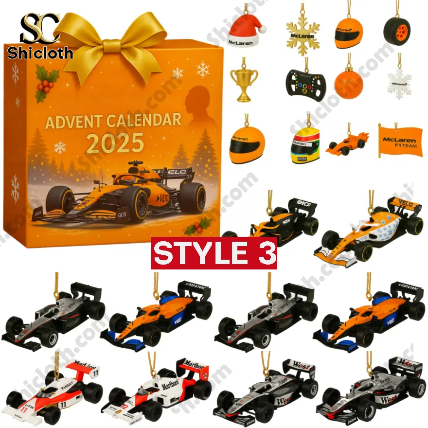 Limited Edition F1 Advent Calendar 2025 5 Ferrari F1 Racing Advent Calendar 2025 with Ferrari F1 car models, helmets, and trophies.
