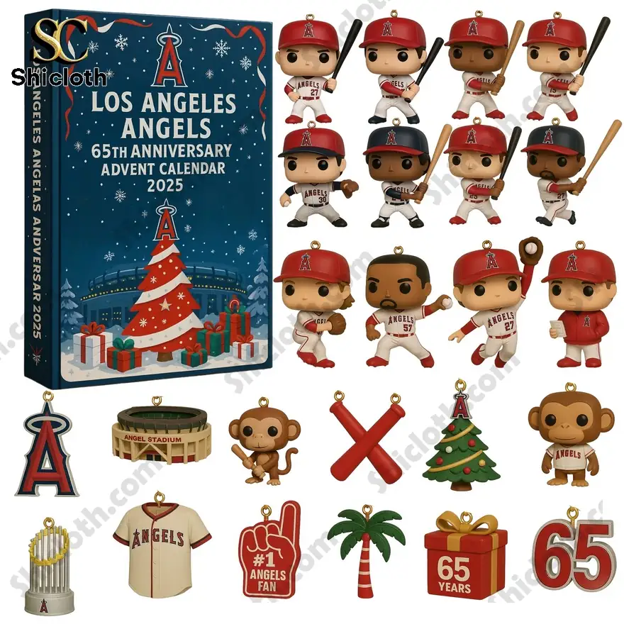 Los Angeles Angels 65th anniversary advent calendar with mini figures and baseball themed ornaments.