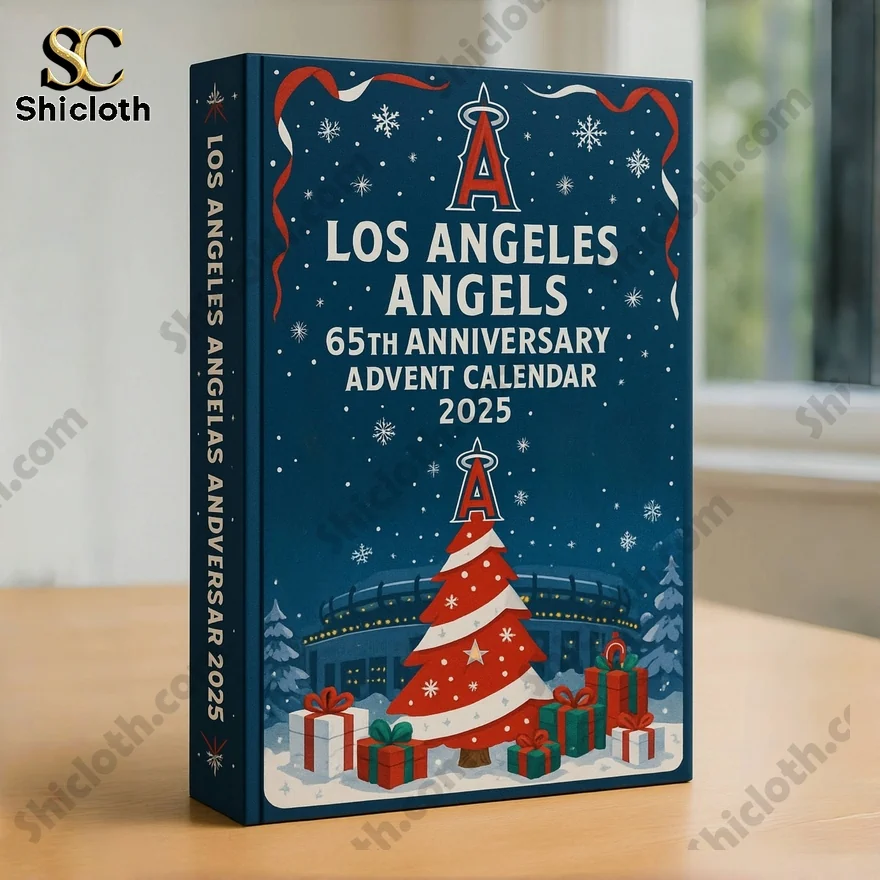 Los Angeles Angels 65th anniversary advent calendar box with Christmas tree and stadium design.