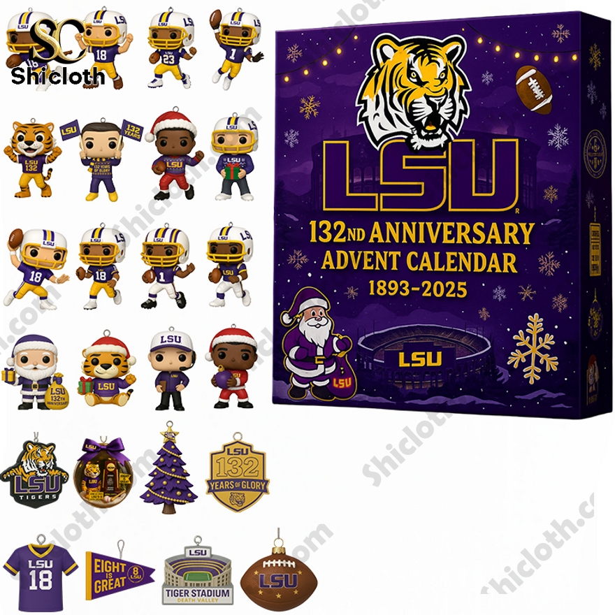 LSU Tigers 132nd Anniversary 2025 Advent Calendar with mini player figures, mascot ornaments, and themed decorations.