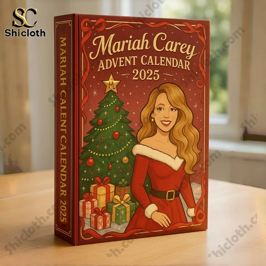 Mariah Carey Edition Advent Calendar 2025 3 Mariah Carey holding her Advent Calendar 2025 featuring a festive illustration with a Christmas tree.