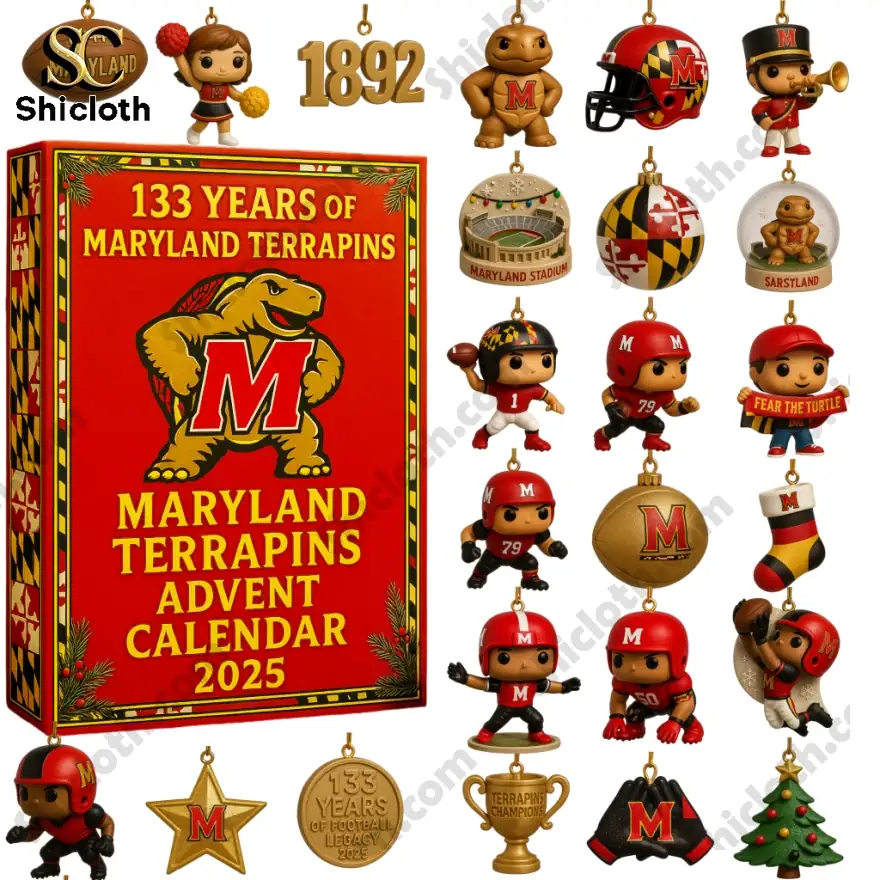 Maryland Terrapins 133rd Anniversary Advent Calendar 2025 with football-themed figures and ornaments.