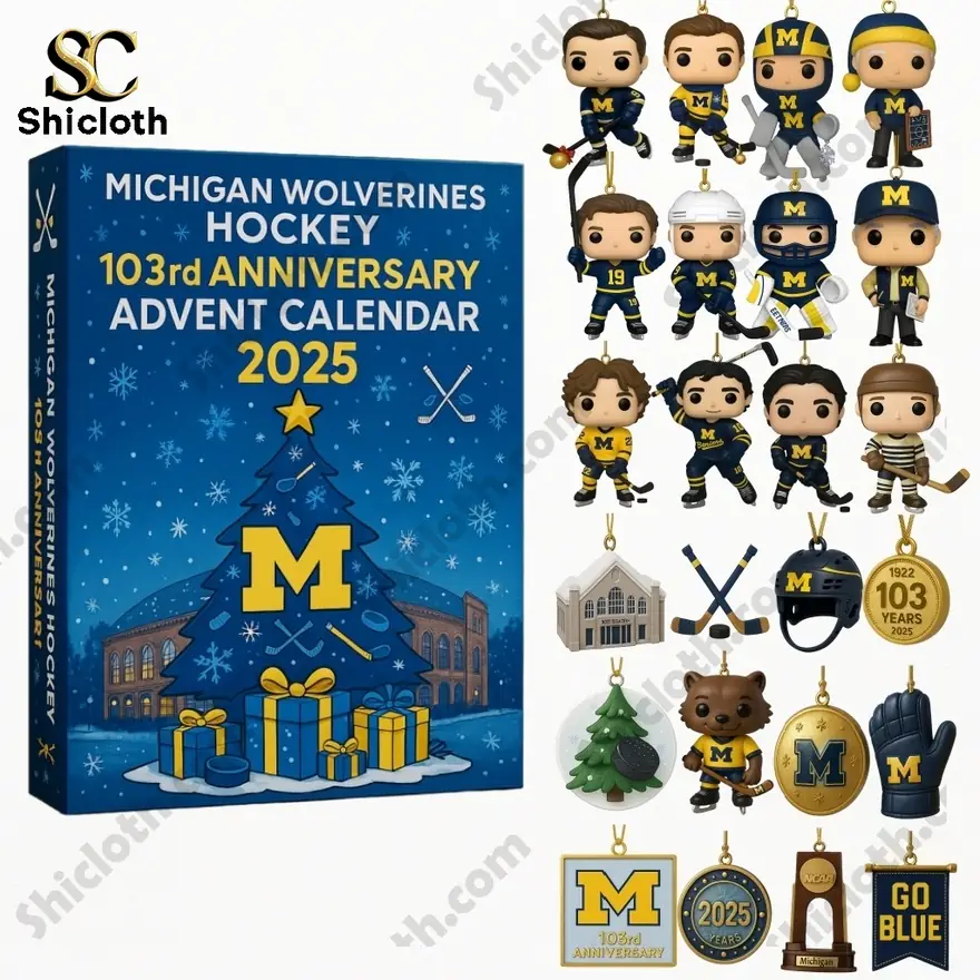 Michigan Wolverines Hockey 103rd Anniversary Advent Calendar 2025 box on a wooden surface with festive lights!