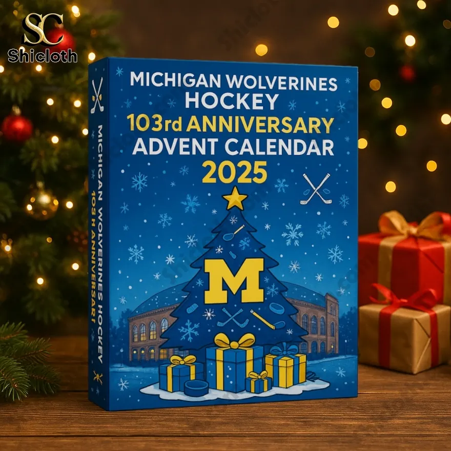 The Michigan Wolverines Hockey Advent Calendar box displayed with all its collectible figures and ornaments!