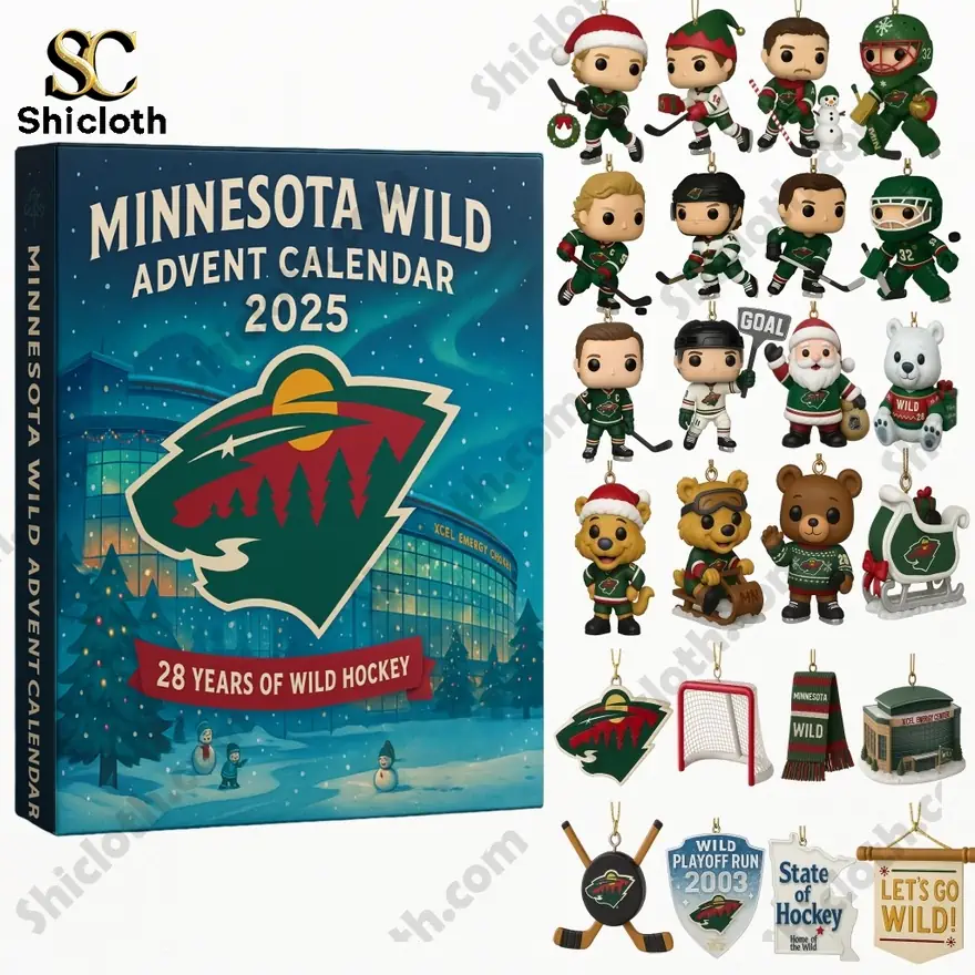 Alt text: Minnesota Wild 2025 Advent Calendar with hockey-themed ornaments and accessories.