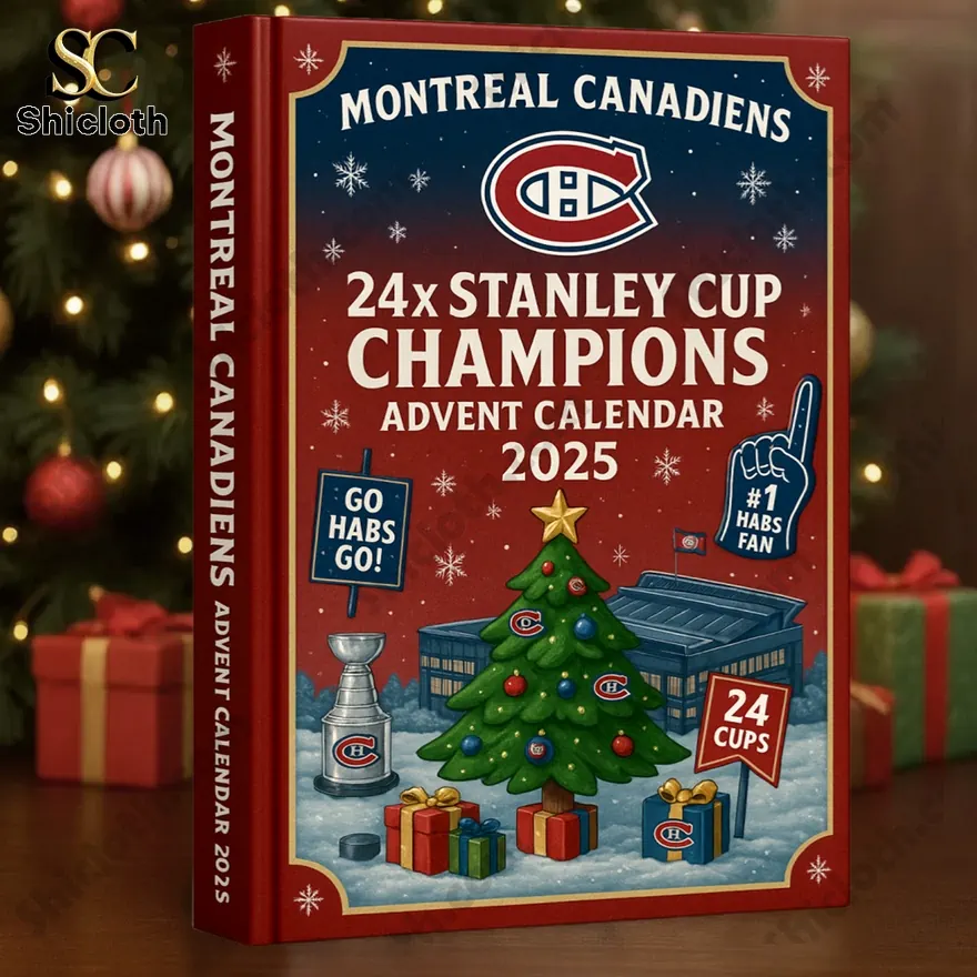 Montreal Canadiens 24x Stanley Cup Champions advent calendar box with Christmas tree and arena illustration.
