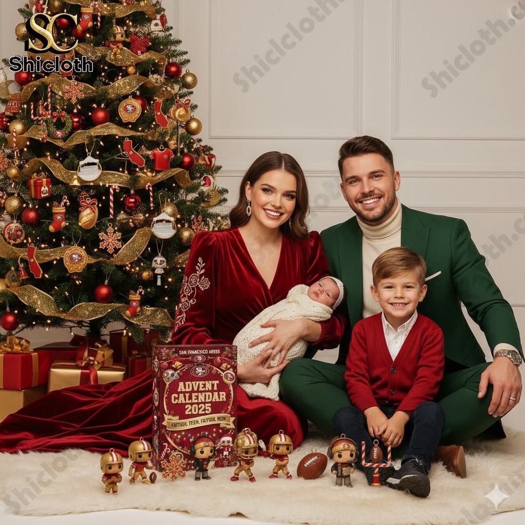Alt text Family posing by Christmas tree with Shicloth San Francisco 49ers Advent Calendar and figurines