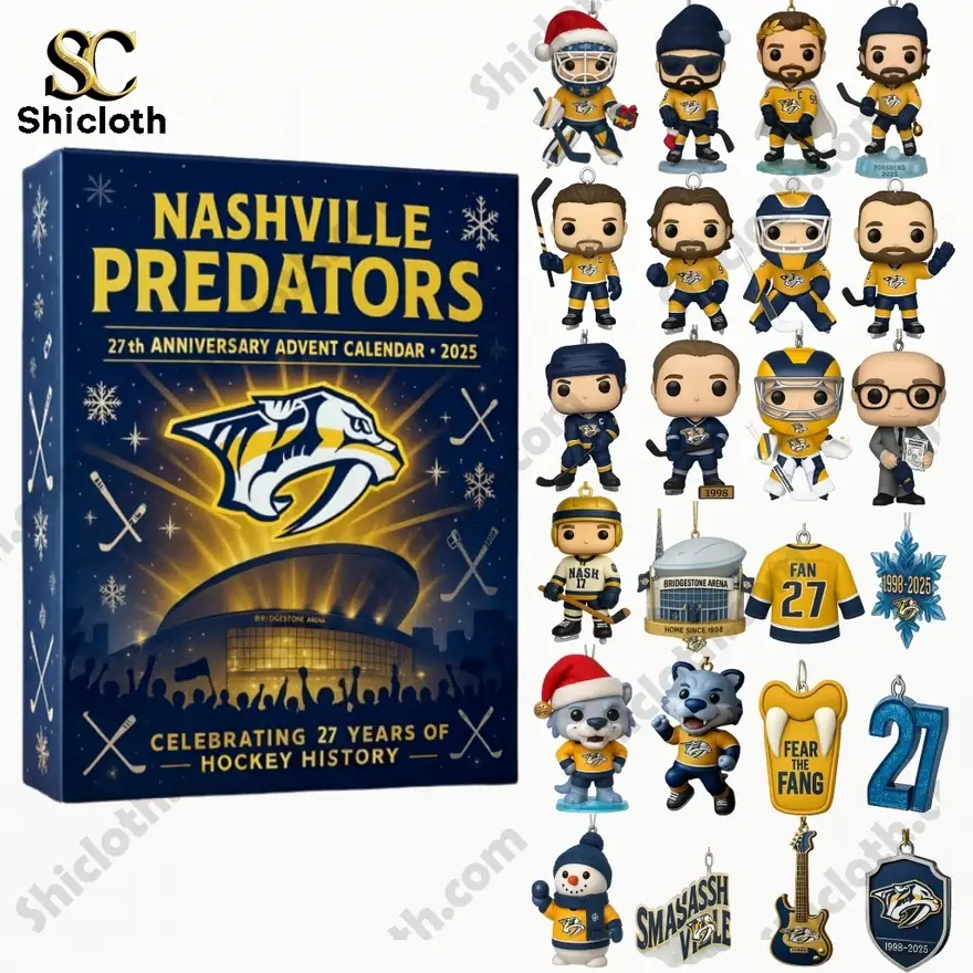 Nashville Predators 2025 Advent Calendar with hockey-themed ornaments and accessories.