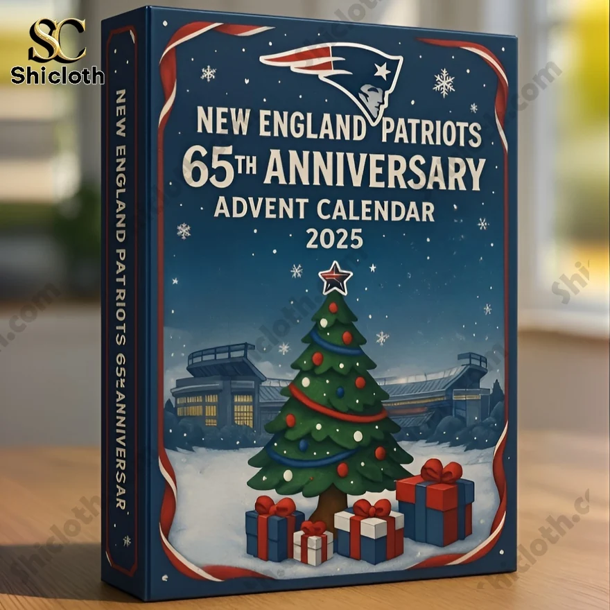 New England Patriots 65th Anniversary Advent Calendar 2025 with festive design featuring a Christmas tree and stadium.