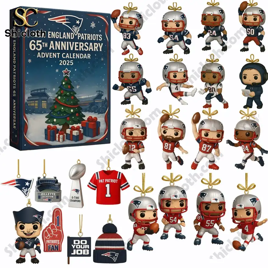 New England Patriots 65th Anniversary Advent Calendar with collectible football figures and memorabilia.