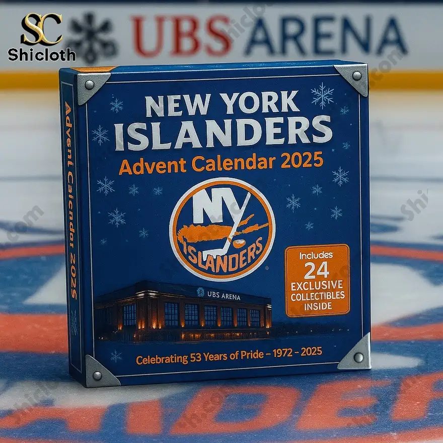 New York Islanders 2025 advent calendar box on ice featuring team logo and UBS Arena.