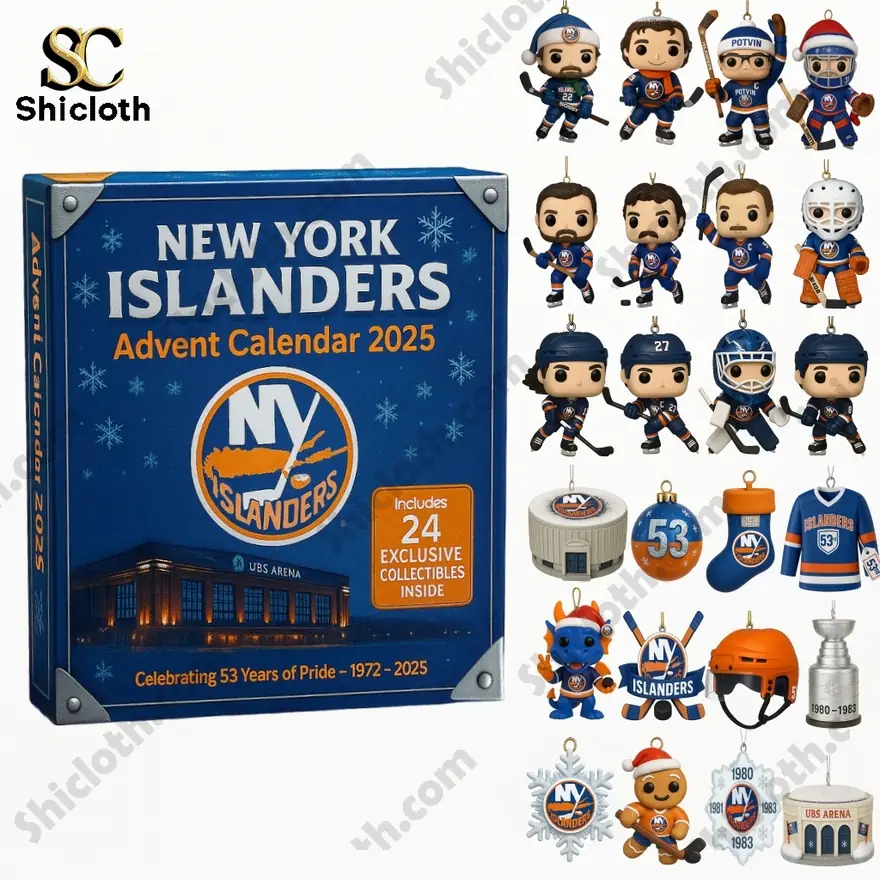 New York Islanders 2025 advent calendar with collectible figures and ornaments displayed.