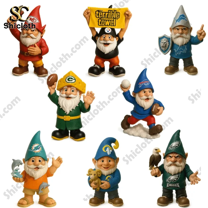 Mini gnome figurines styled after different NFL teams including Packers, Dolphins, Lions, Bills, and Eagles.