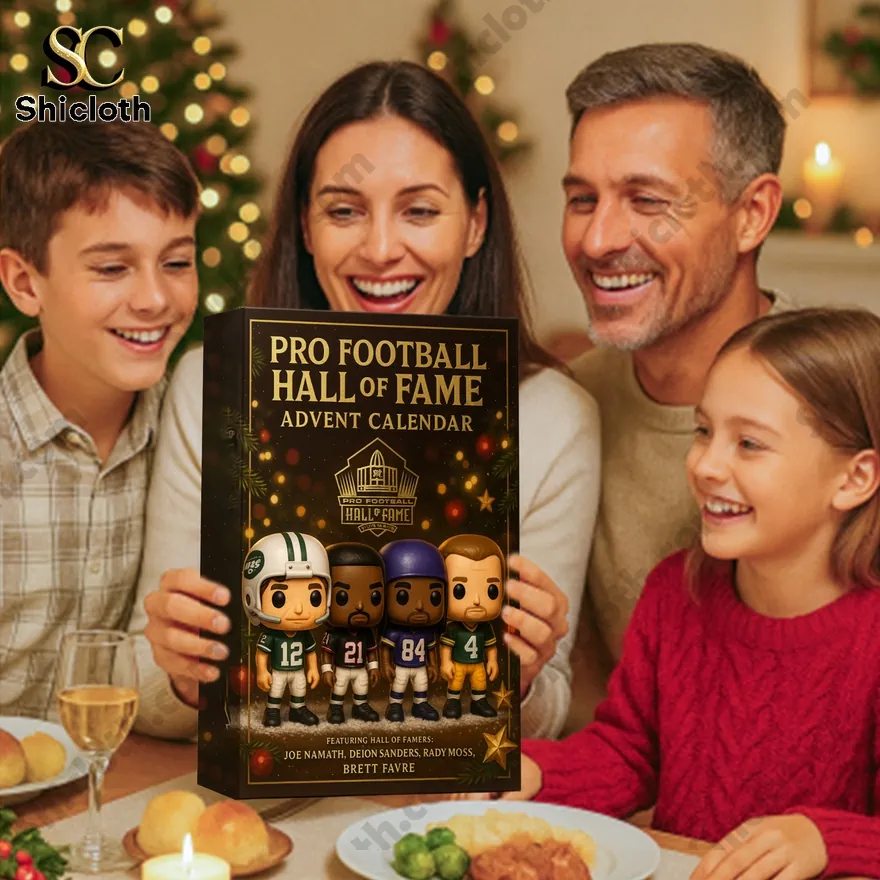 Family holding Pro Football Hall of Fame Advent Calendar 2025 box.