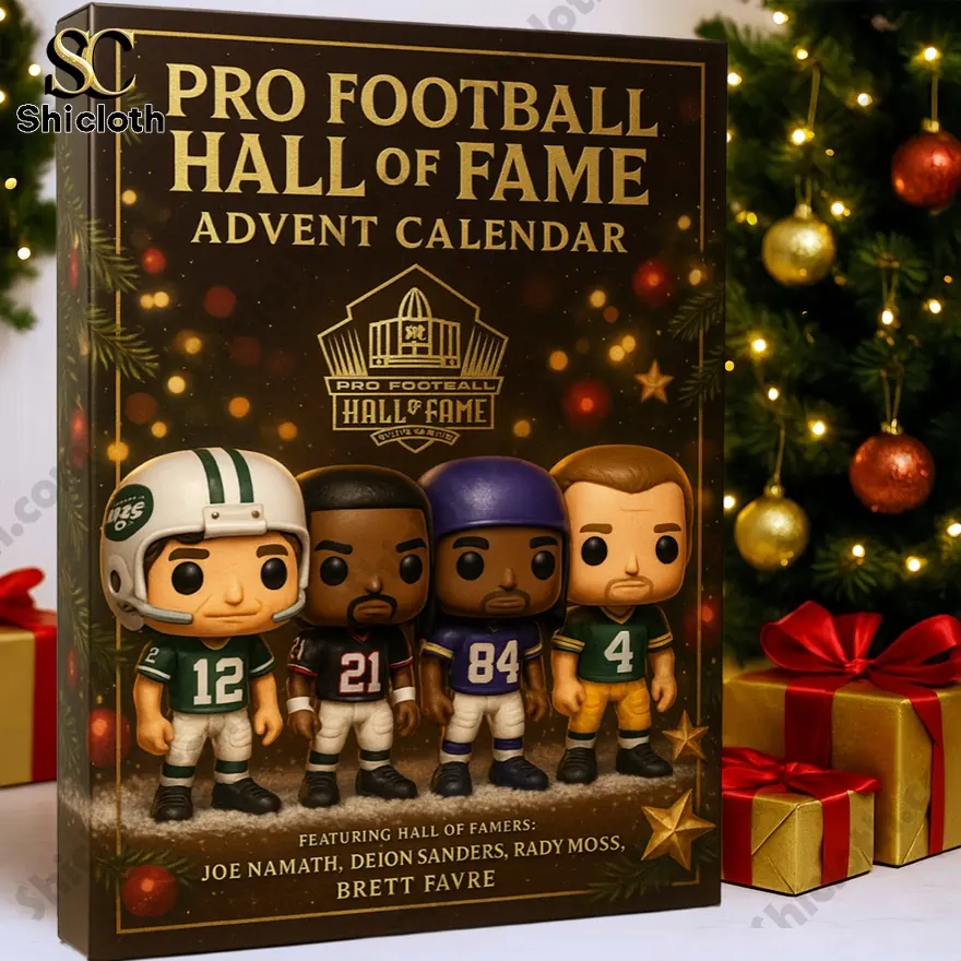 NFL Pro Football Hall of Fame 2025 Advent Calendar 3 Pro Football Hall of Fame Advent Calendar 2025 box next to Christmas tree and gifts.