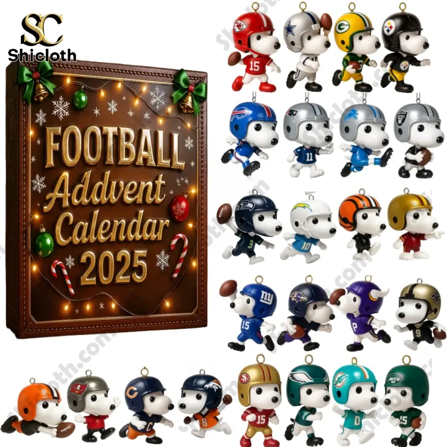 Snoopy figures in NFL uniforms displayed with a 2025 Football Advent Calendar box.