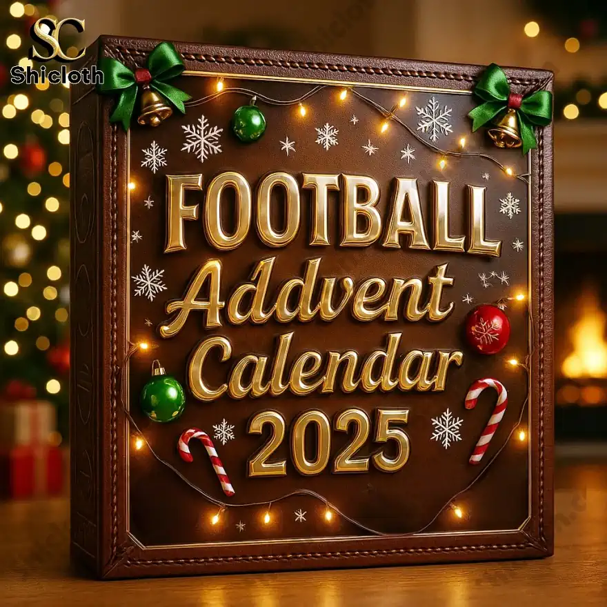 Football Advent Calendar 2025 box decorated with holiday lights and ornaments.