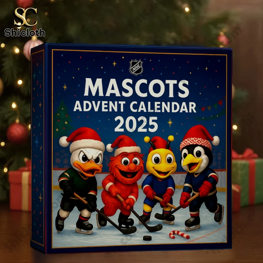 NHL Mascots Advent Calendar 2025 box with illustrated mascots in Santa hats playing hockey.