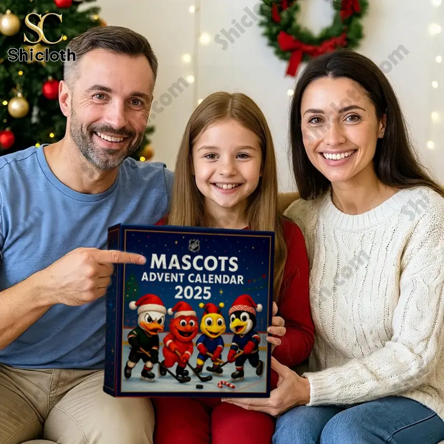 Family holding NHL Mascots Advent Calendar 2025 box while smiling together.