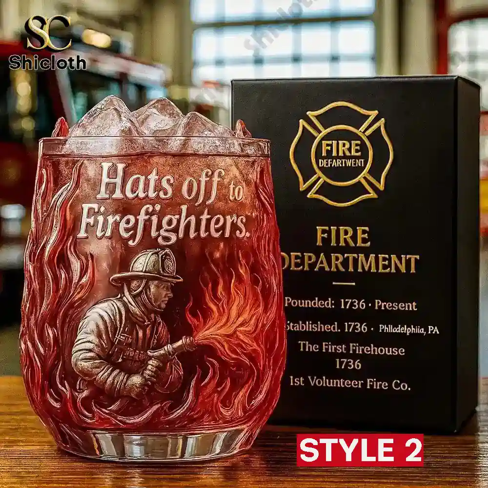 Firefighter themed glass with firefighter holding hose design and ice on top.