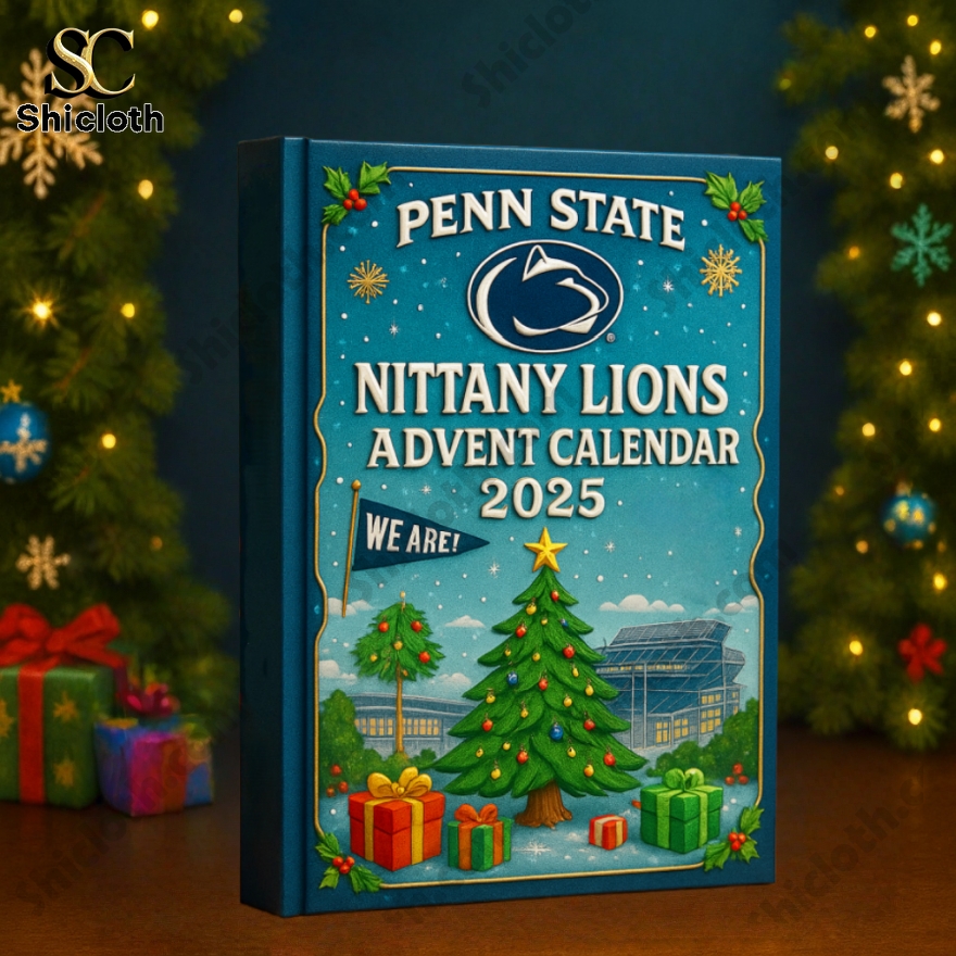 Penn State Nittany Lions 2025 advent calendar box with Christmas tree and stadium artwork.