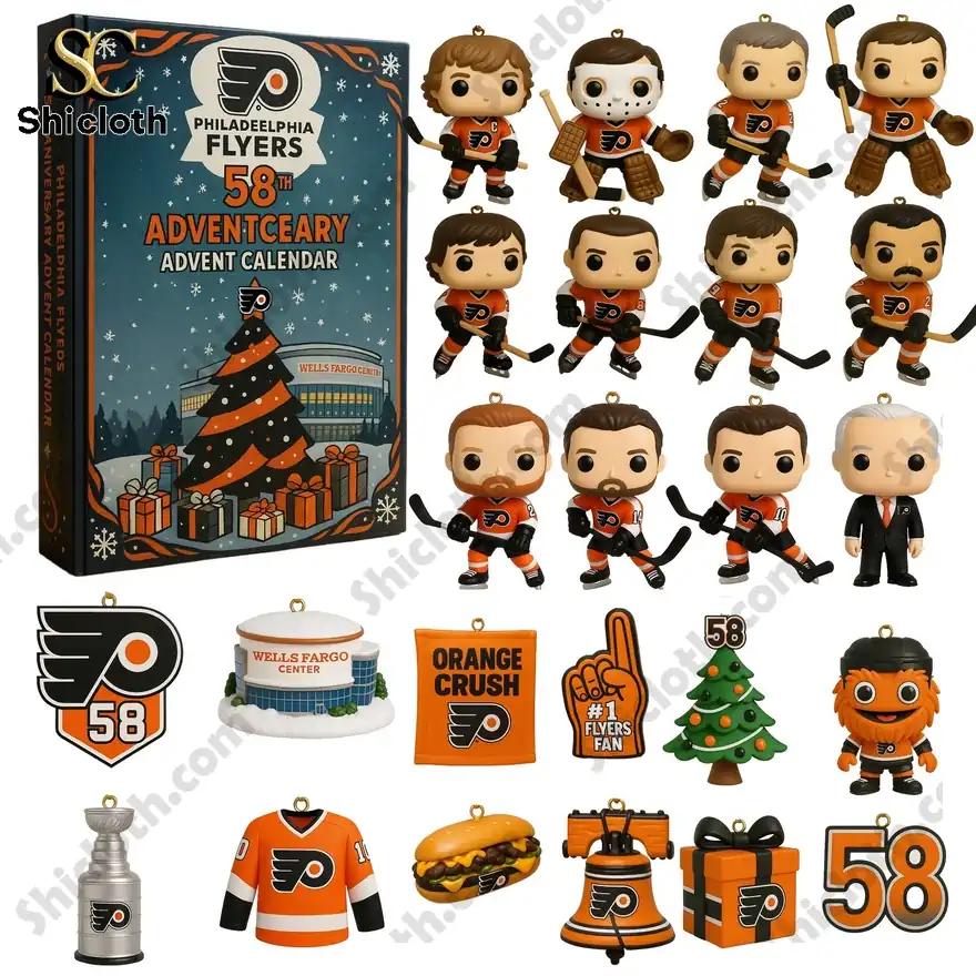 Philadelphia Flyers 58th Anniversary Advent Calendar with team-themed ornaments and accessories.