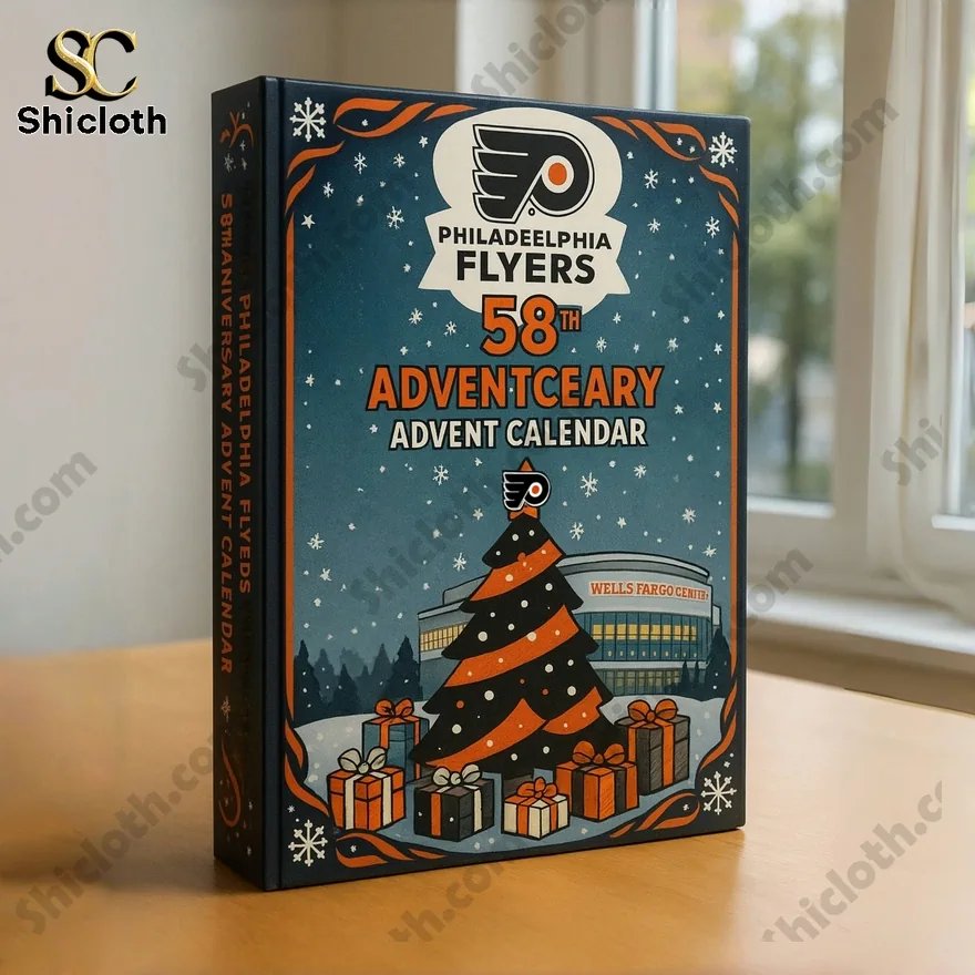 Philadelphia Flyers 58th Anniversary Advent Calendar with Wells Fargo Center in the background.
