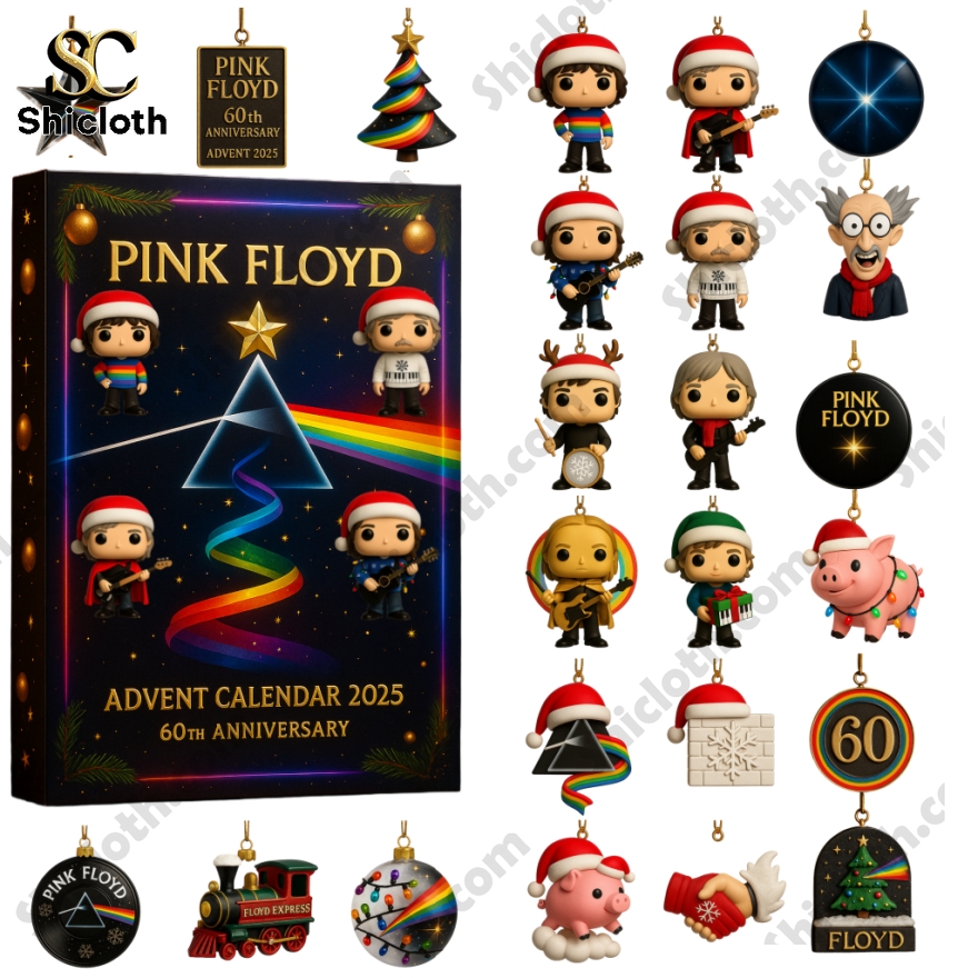 Pink Floyd 2025 advent calendar with miniature band figures and themed ornaments.