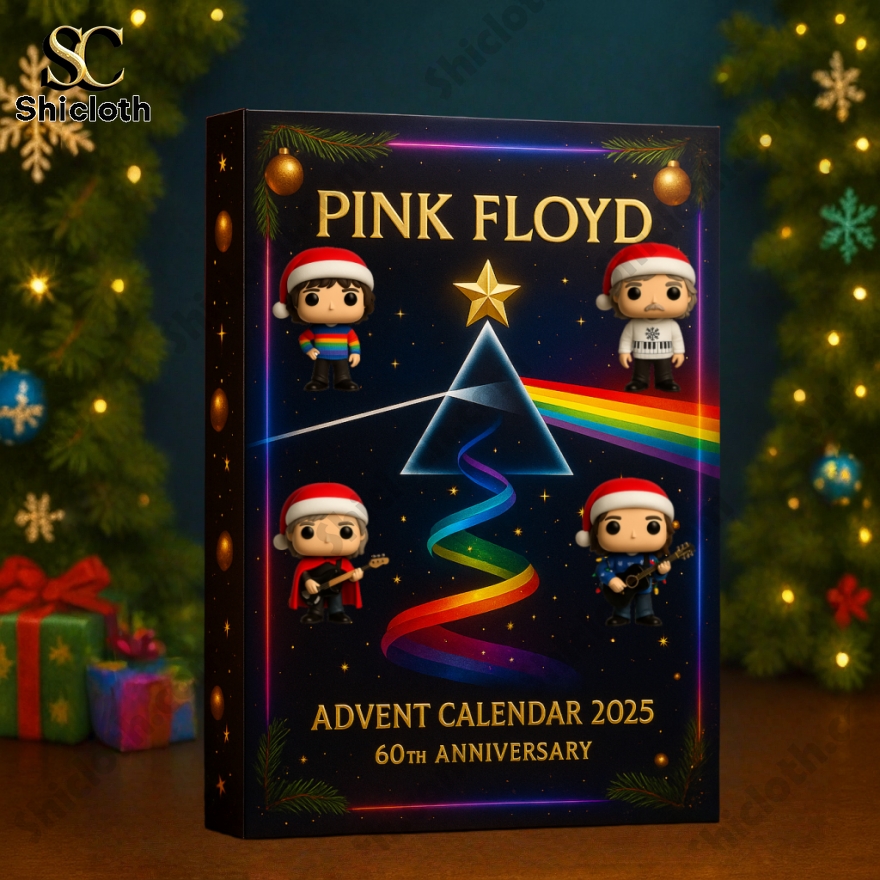 Pink Floyd 60th anniversary advent calendar box with prism and rainbow artwork.