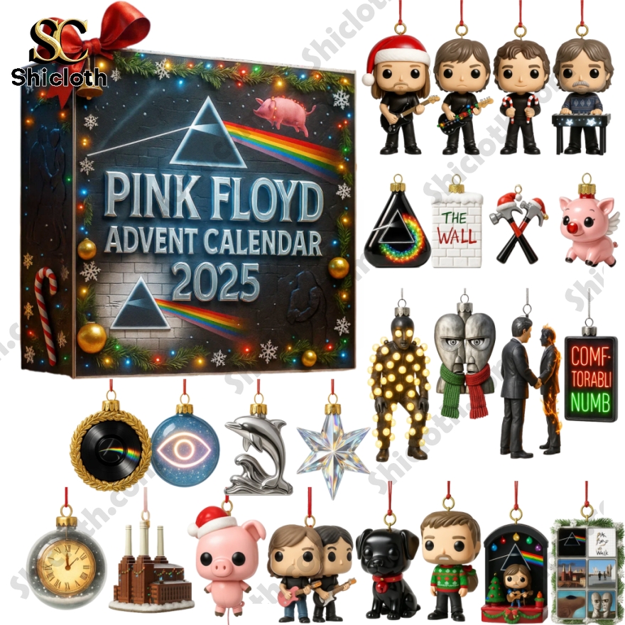Pink Floyd 2025 advent calendar with themed ornaments and miniature band figures.