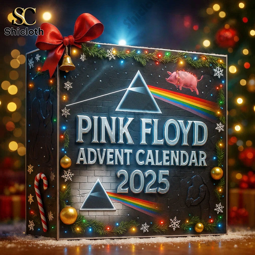 Pink Floyd 2025 advent calendar box with prism and rainbow design.